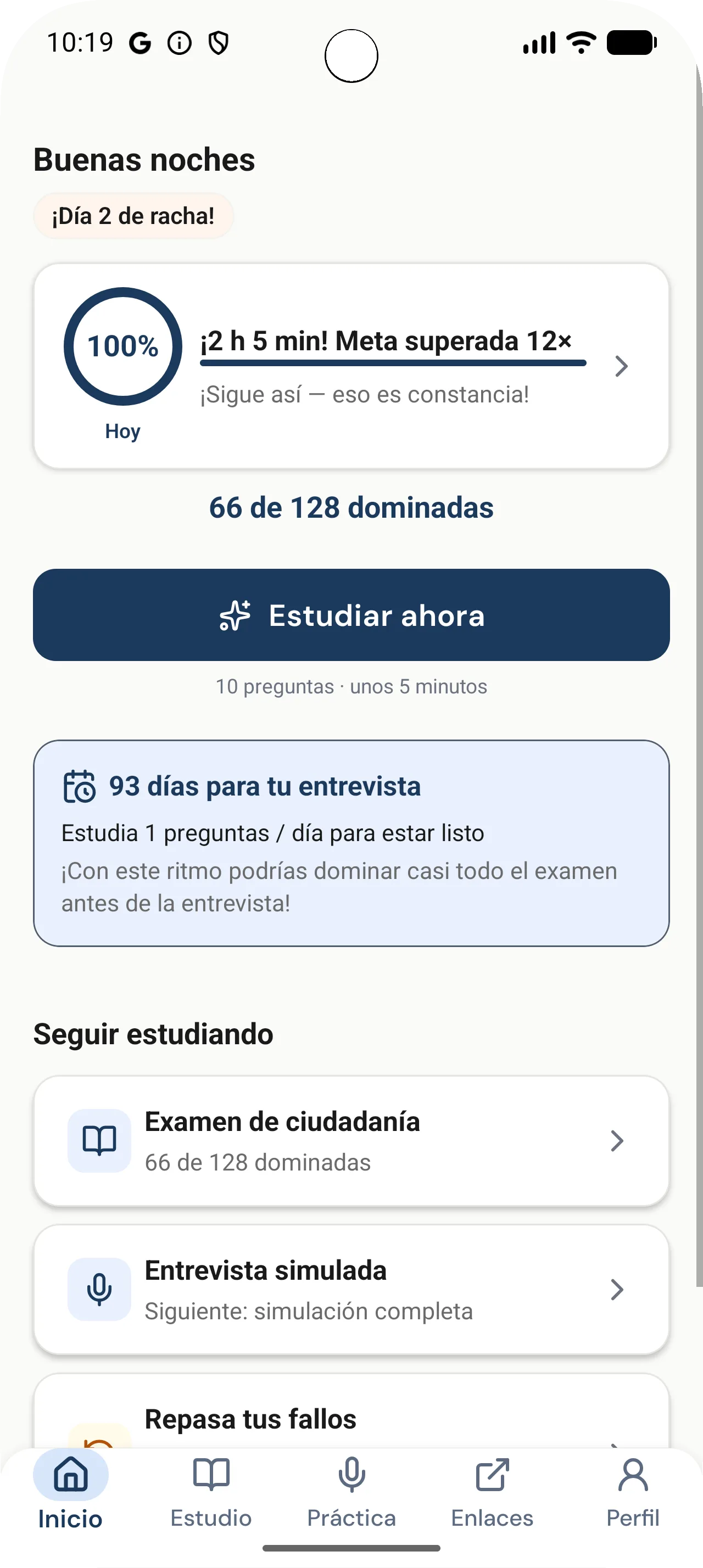 CiudadanoUSA home screen with study progress, streak, and interview countdown
