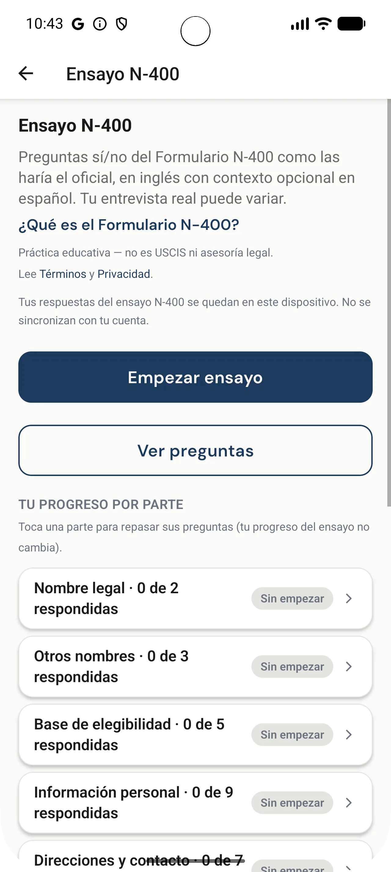N-400 practice screen with progress by naturalization form section