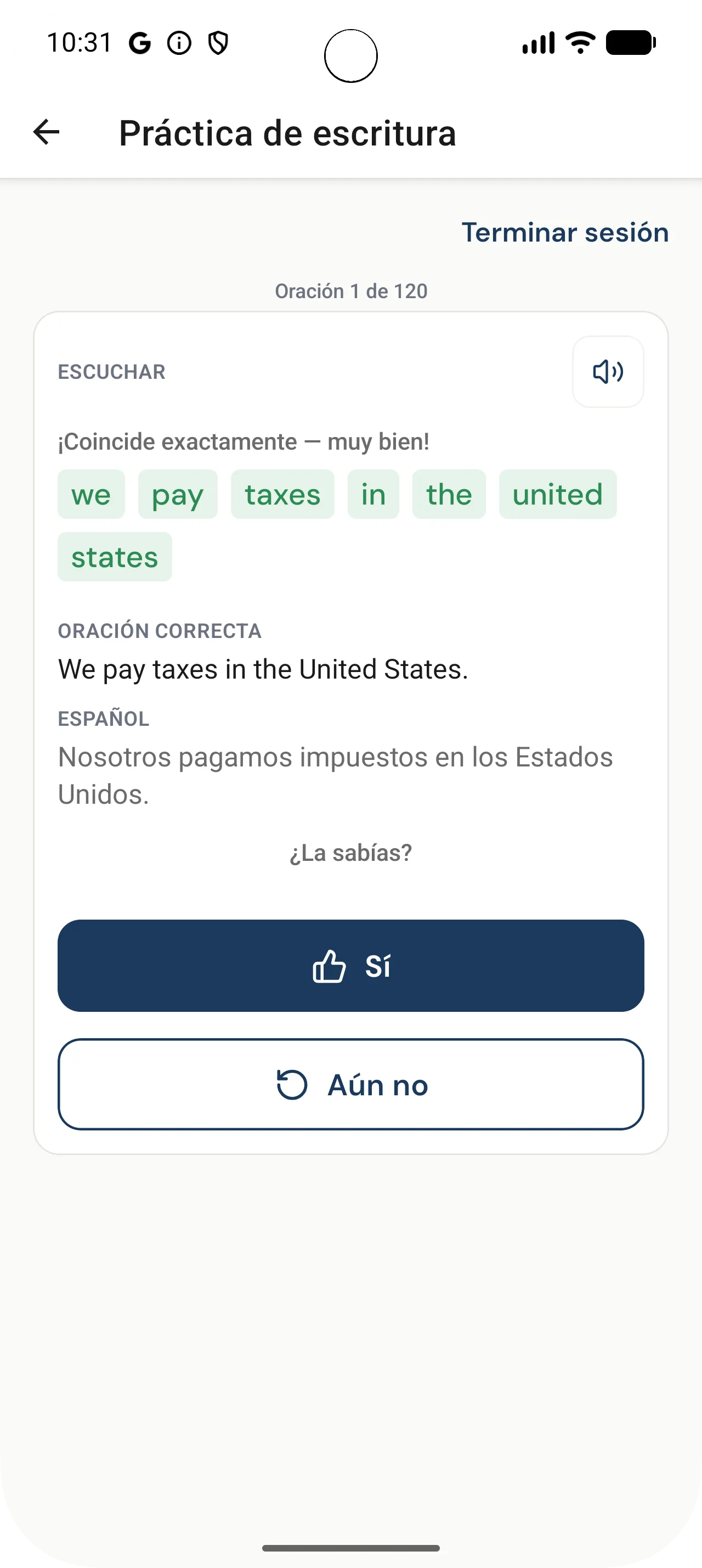 English writing practice with word-by-word feedback and Spanish translation