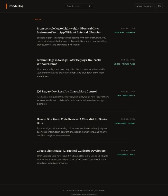 Renderlog home page with recent technical articles in English and integrated search
